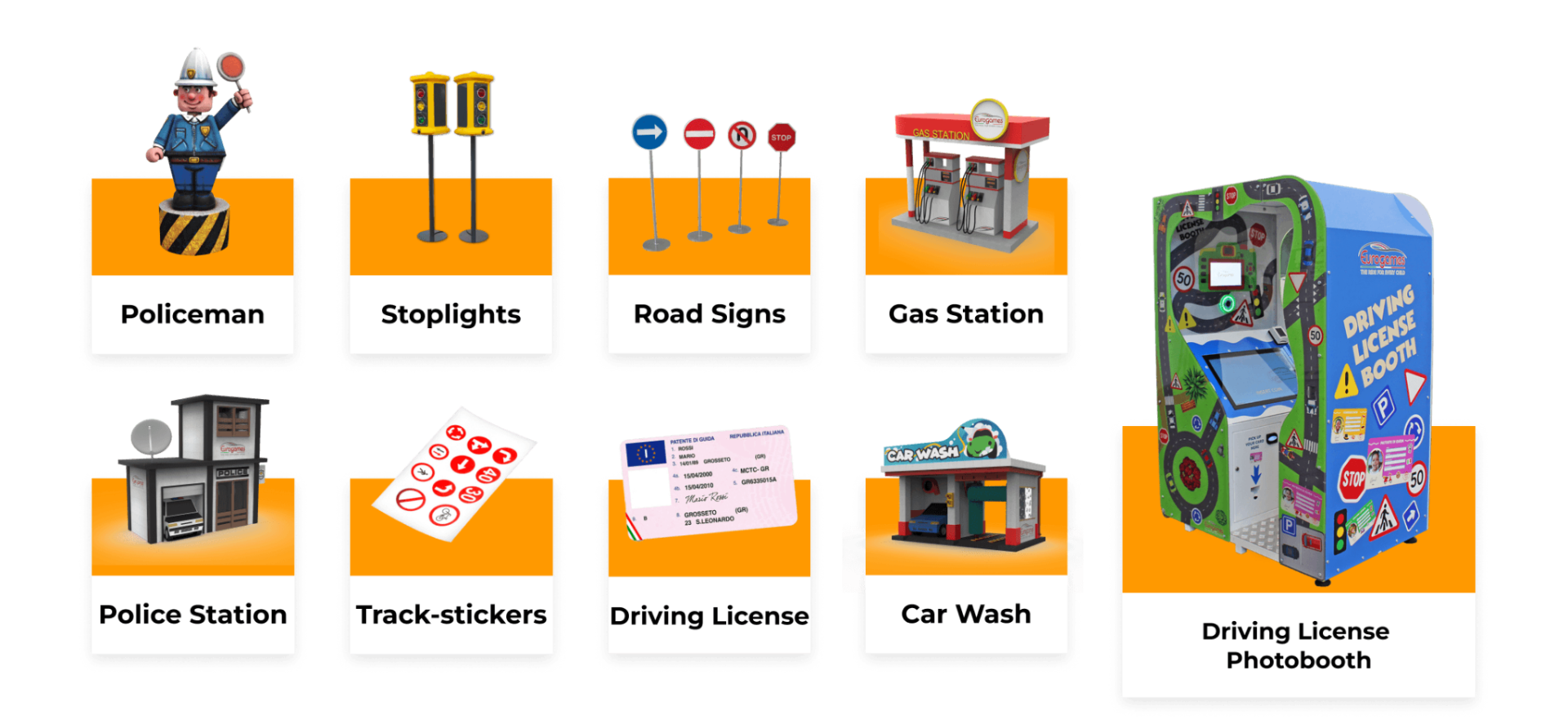Customizable accessories: policeman, stoplights, road signs, gas station, police station, track stickers, driving license, car wash, driving license photobooth